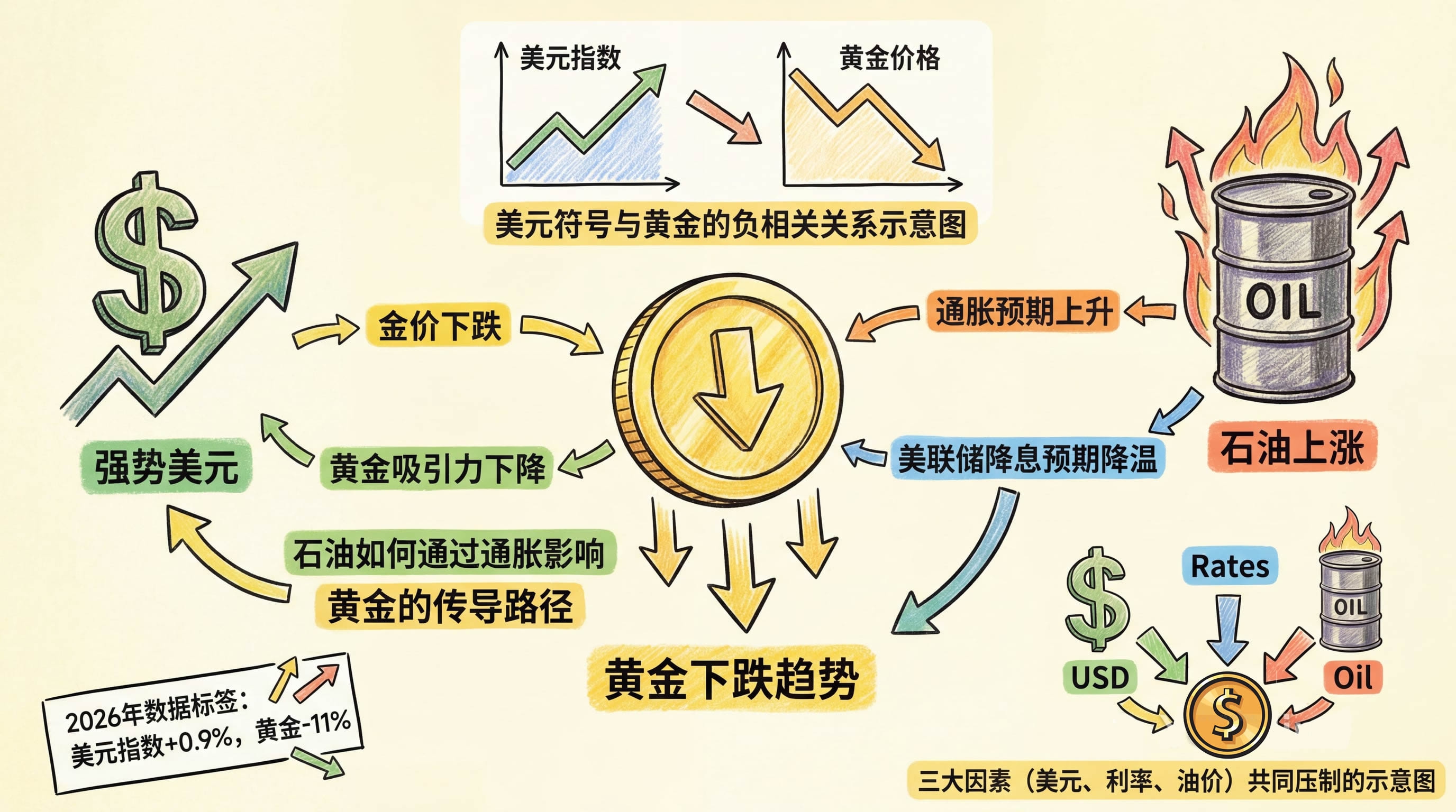 黄金下跌趋势与美元、石油的关系